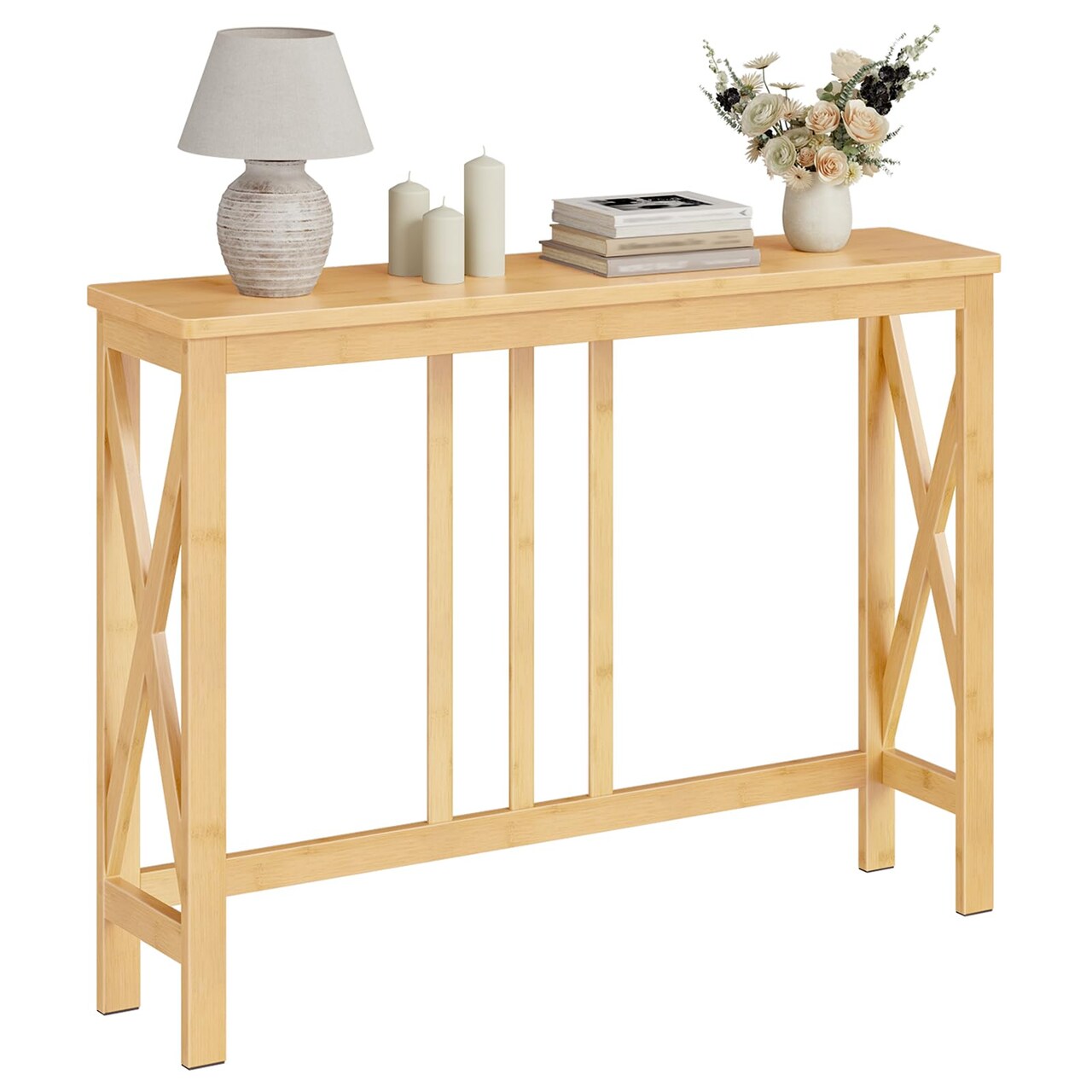 Narrow Wicker Console Table with Sturdy X-Brace, Modern Accent Table